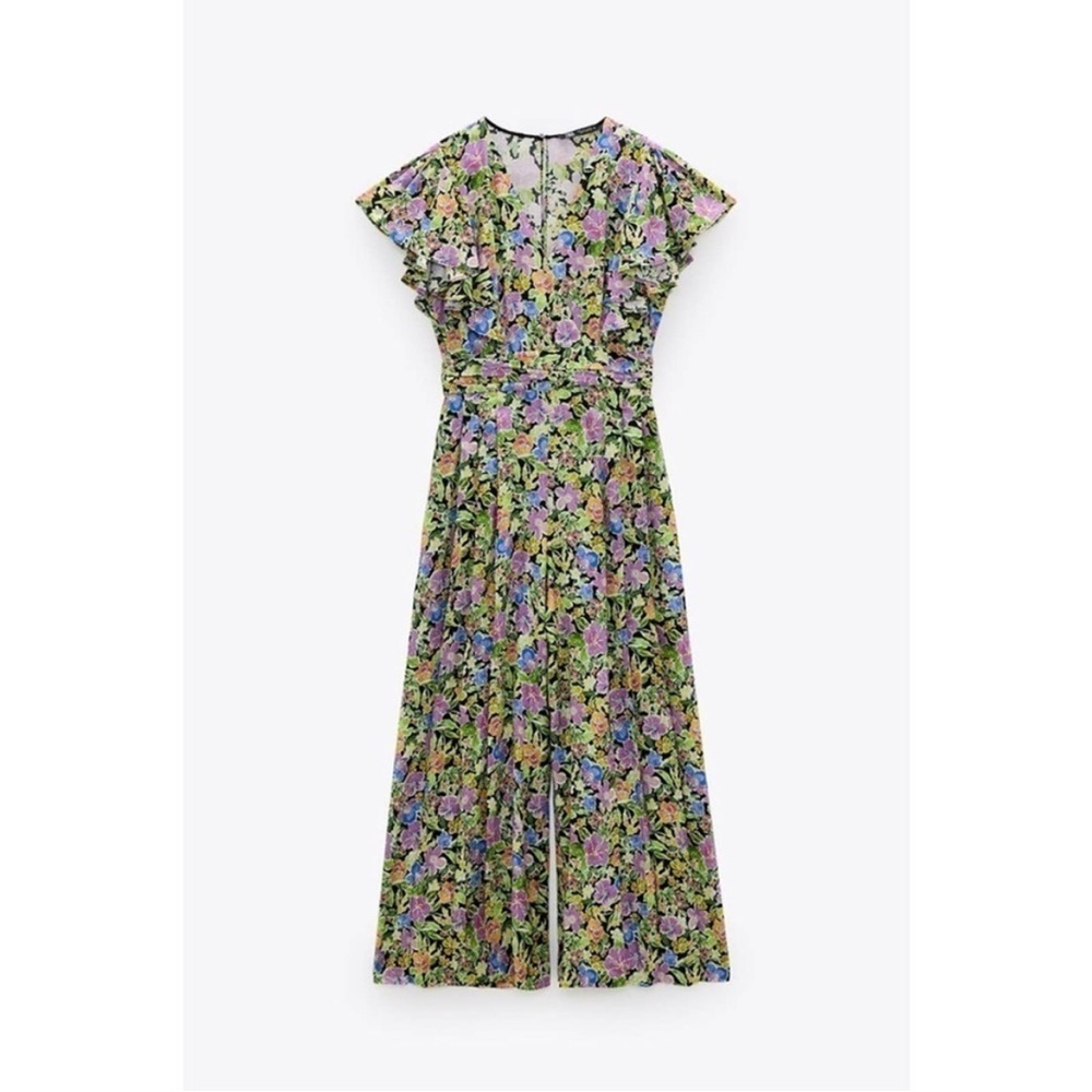 Zara Floral Wide-Leg Jumpsuit in Green, Purple, Pink